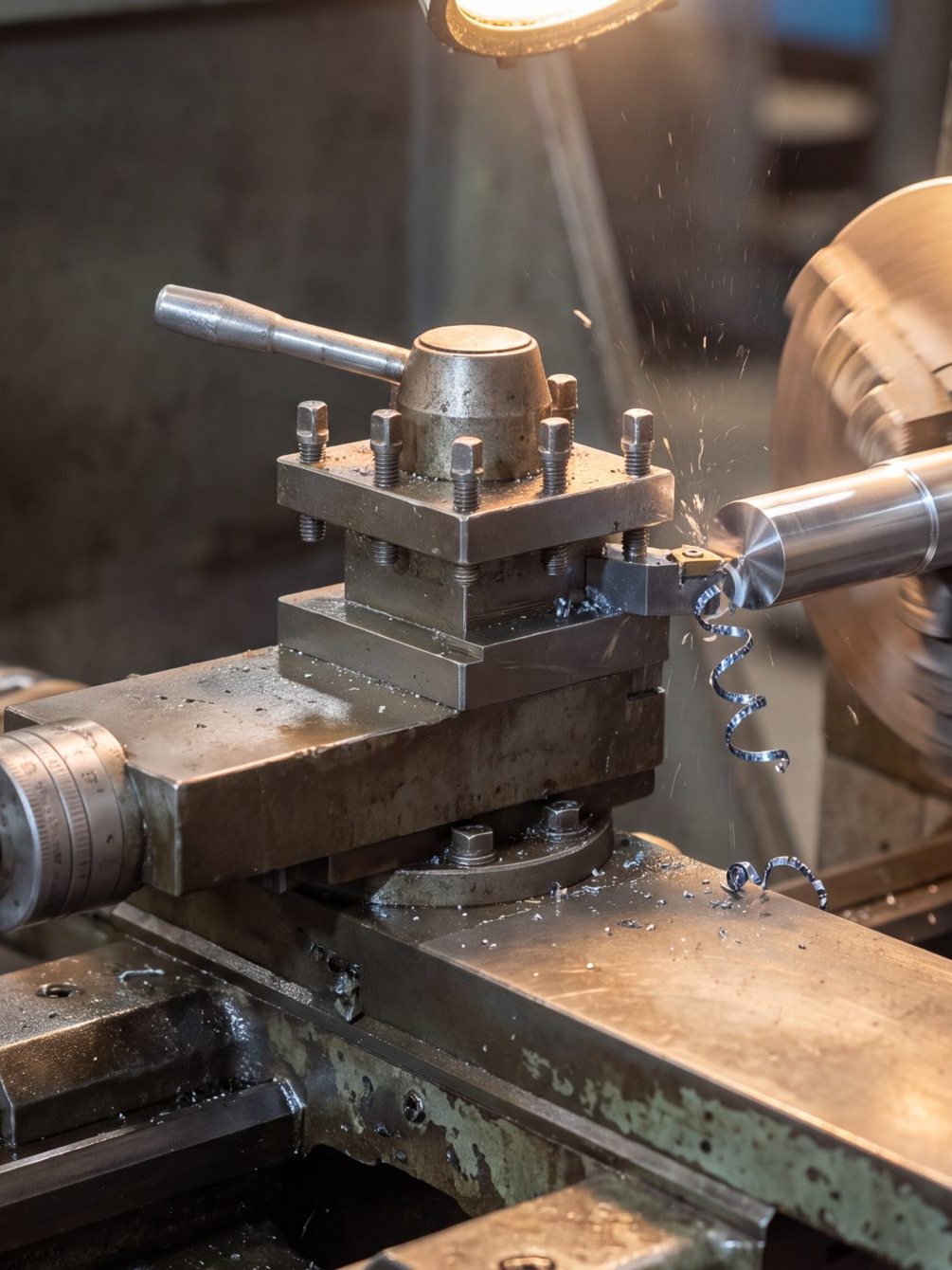 A steel shaft being turned in a lathe chuck, swarf curling off the tool