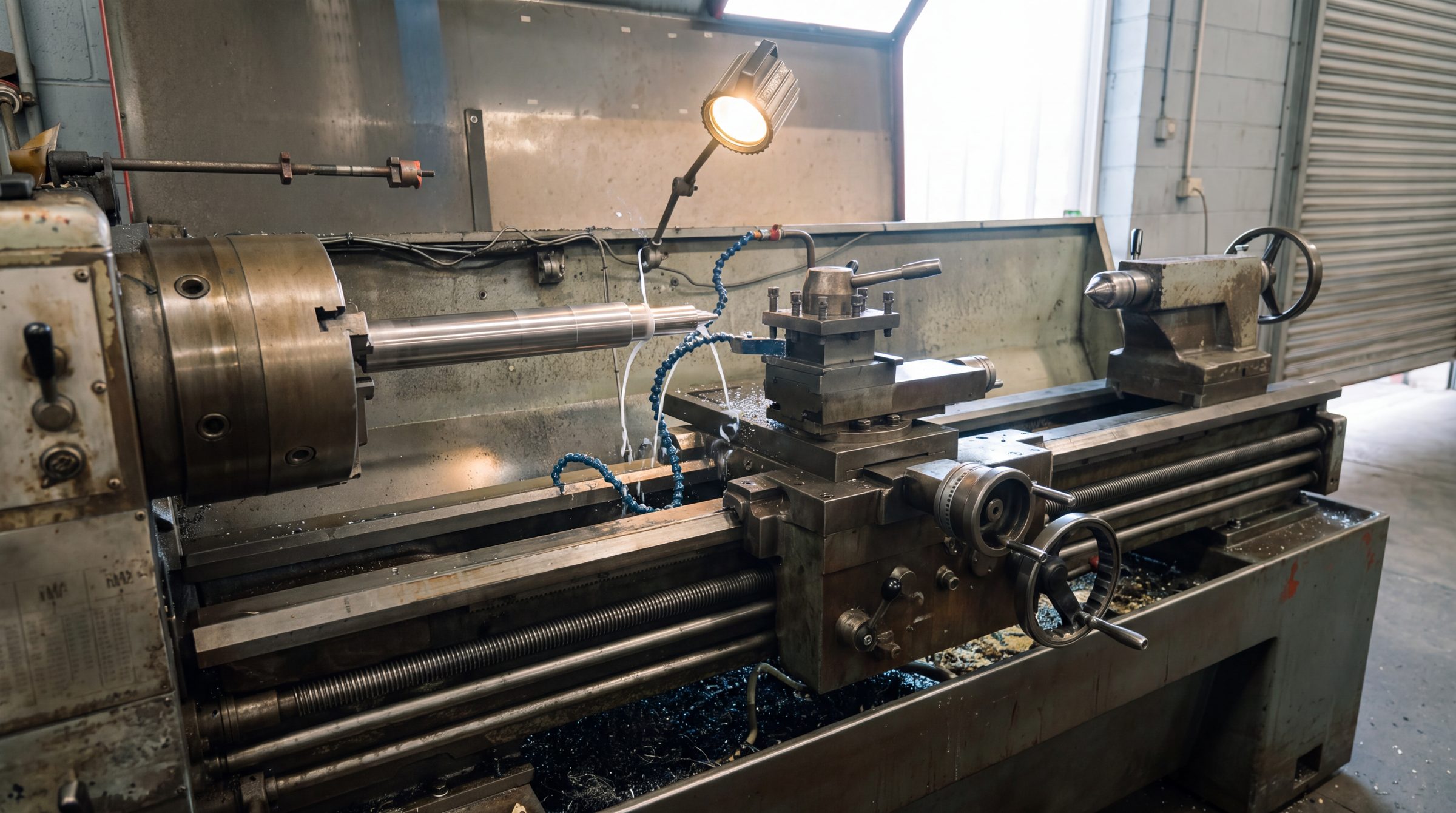 A centre lathe with a steel shaft in the chuck, work lamp on