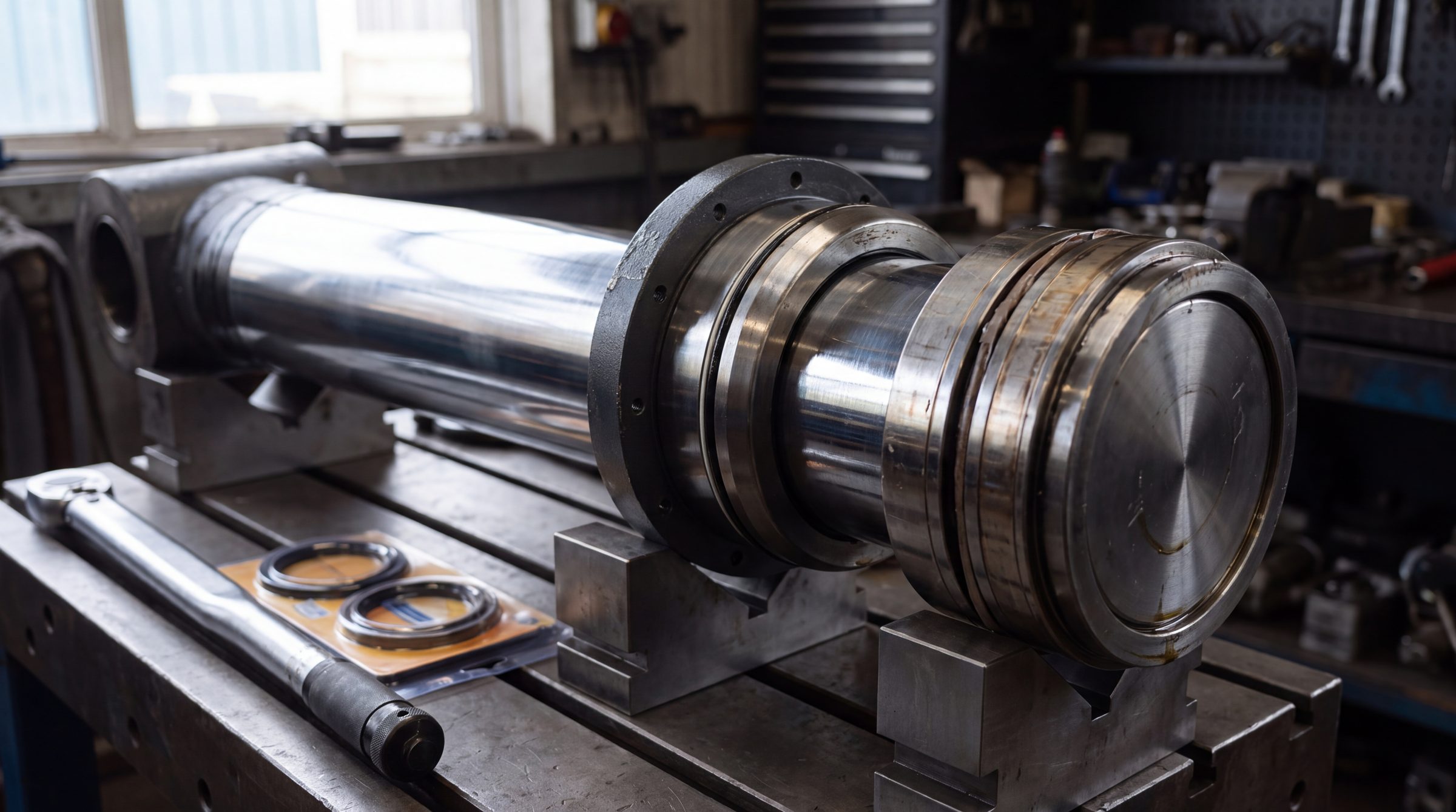 The gland end of a hydraulic ram with a polished chrome rod