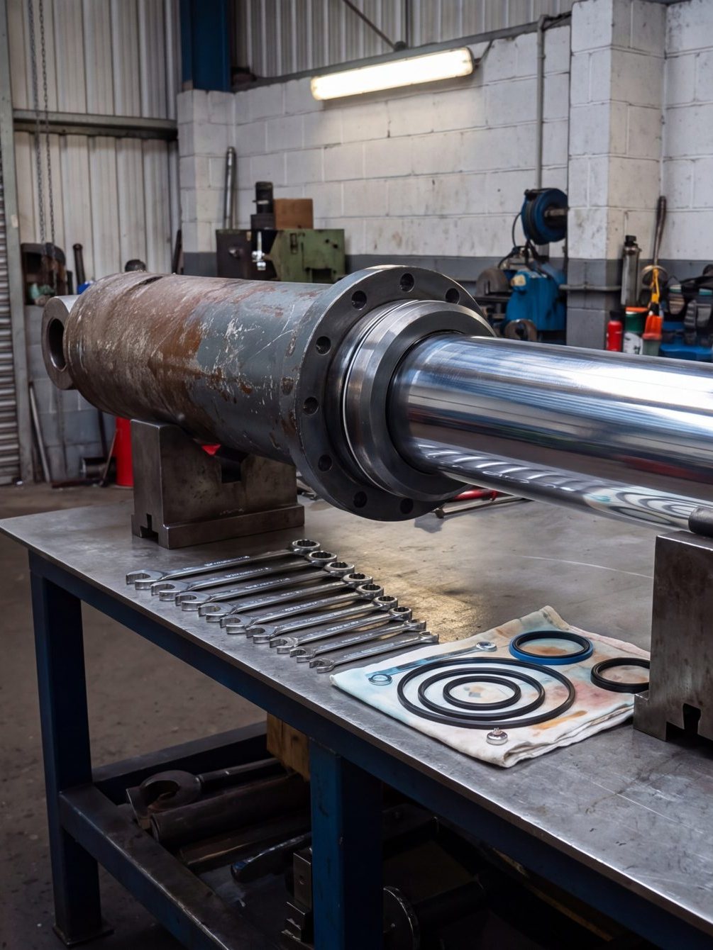 A hydraulic ram on stands on a fitting bench, seals and spanners laid out