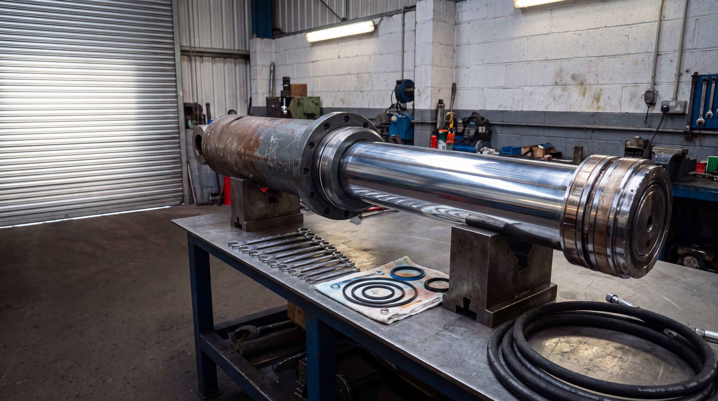 A hydraulic ram on stands on a fitting bench, seals and spanners laid out