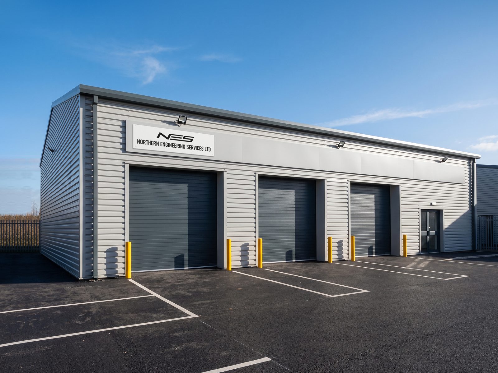 An industrial unit with the Northern Engineering Services sign above its roller shutter doors